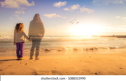 Absence. A Girl Holds The Hand Of The Spirit Of Her Deceased Mother. The Two Are Watching The Sunset.