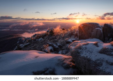 An Absolute Frigid And Windy Sunrise Atop Old Rag Mountain Looking Across The Icy Rock Scramble In Shenandoah National Park, Virginia.