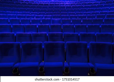 Absolutely empty blue chairs in cinema with nobody