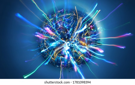 Abstract 360 Degree Sphere View Of Smart City And Colorful Gradient Glowing Impulse Flow Light Design , Big Data Connection Technology Concept .