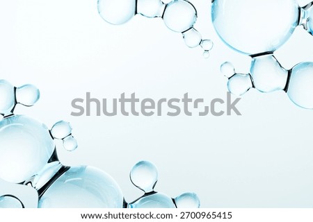 Abstract 3D background with transparent blue molecule, liquid water drops. Beauty and cosmetic composition symbolizing purity, freshness, science, and molecular structure. Text place.