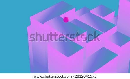 Abstract 3D Geometric Composition of Purple Cuboid Pillars and a Pink Ball on Bright Cyan Background