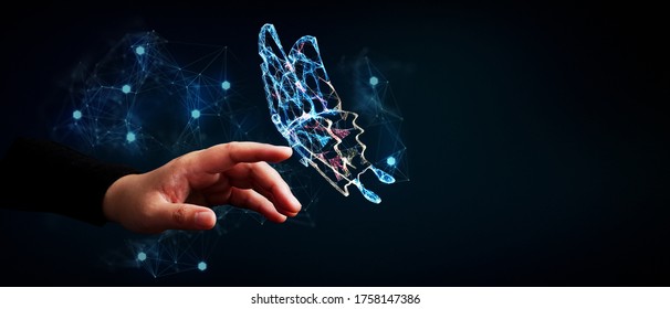 Abstract 3D illustration change future technology business concept with butterfly transform and human hand
