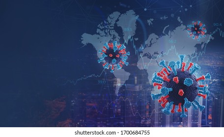 Abstract 3D illustration with Covid-19 molecule under microscope, overlayed over the night city and graphs - Powered by Shutterstock