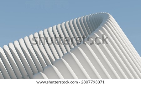 Abstract 3D render of futuristic white minimalist architecture with curved wavy fins structure and blue sky