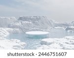 Abstract 3d render winter scene and Natural background, Ice podium on the water and snow ground, Backdrop snow mountain reflect the water surface for product stand display, advertising, mockup or etc