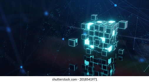 Abstract 3d rendering of a flying cube. Sci fi shape in empty space. Futuristic background. 3d illustration - Shutterstock ID 2018541971