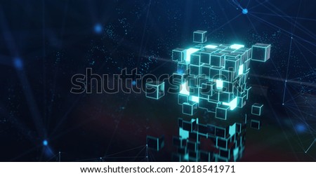 Abstract 3d rendering of a flying cube. Sci fi shape in empty space. Futuristic background. 3d illustration