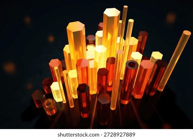Abstract 3D rendering of glowing hexagonal and cylindrical pillars in warm orange and yellow tones against a dark background, resembling a futuristic cityscape or crystalline growth.