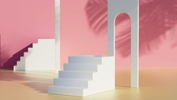Abstract 3D Room With Set Of Steps Realistic Red, Yellow And Pink . Minimal Wall Scene For Mockup Product Display. 3d Rendered Scene Render Realistic  