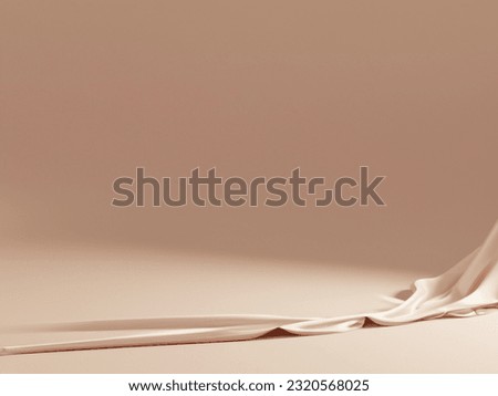 Abstract 3d studio with draping silk fabric and shadow on cream beige pastel monochrome background for cosmetic product presentation. Empty room, scene, podium or stand with copy space.
