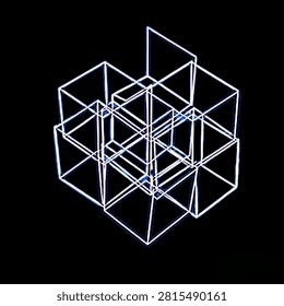Abstract 3D wireframe cube geometric background with glowing neon lines on black backdrop.