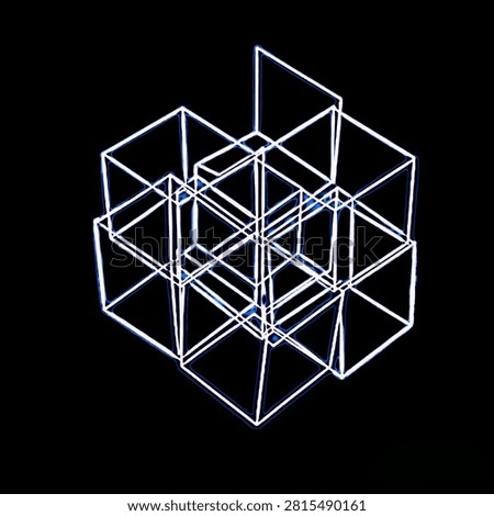 Abstract 3D wireframe cube geometric background with glowing neon lines on black backdrop.