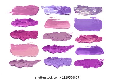 Abstract acrylic color brush strokes. Lilac tone. Collection. Isolated on white.