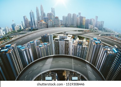 Abstract Aerial And Panorama View Of Asphalt Road Highway With Modern City Skyline Background . Mixed Media .