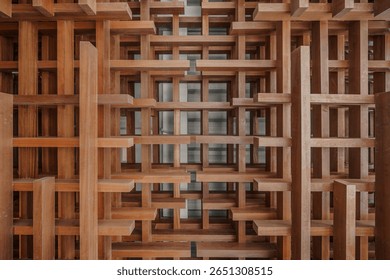 Abstract architectural detail of an interlocking wooden lattice. The 3D geometric structure creates a complex pattern of light and shadow. Modern design.