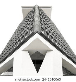 Abstract architecture background. The A'dam tower building in Amsterdam. Architectural detail view against sky. black and white photography. grey walls clear sky. Bottom view - Powered by Shutterstock