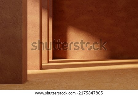 Abstract architecture background hall with stone columns and window light. Concrete texture facade building scene.