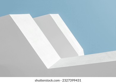 Abstract architecture background texture. Close up of geometric structure made of balconies fragments, white buildind walls against clear blue sky. Concrete, perspective, composition, minimal, angular