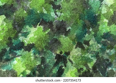 Abstract art background dark green and black colors. Watercolor painting on canvas with olive spots. Fragment of artwork on paper with khaki camouflage pattern. Texture backdrop, macro.