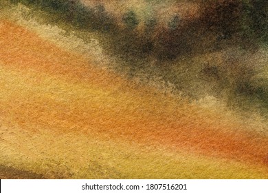 Abstract Art Background Dark Orange And Black Colors. Watercolor Painting On Canvas With Soft Yellow Gradient. Fragment Of Artwork On Paper With Pattern. Texture Backdrop.