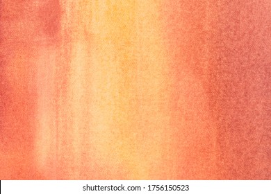 Abstract Art Background Light Yellow And Orange Colors. Watercolor Painting On Canvas With Soft Coral Gradient. Fragment Of Red Artwork On Paper. Texture Backdrop, Macro.