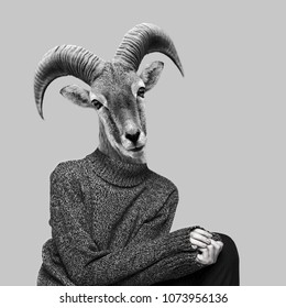 Abstract Art Collage. Big Horn Sheep On Humans Body, Ram Head Clip Art.