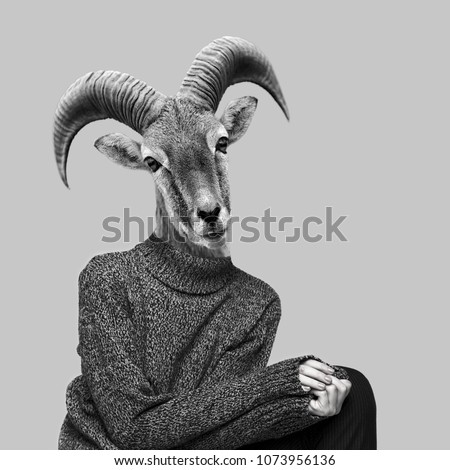 Abstract art collage. Big horn sheep on humans body, Ram head clip art.