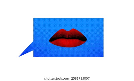 Abstract art collage. Statement. Pair of red lips inside blue speech bubble, signifying bold communication and expression of thoughts. Concept of communication, sharing ideas and feedback.