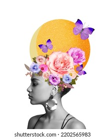 Abstract Art Collage Of A Young African Woman With Flowers On Her Head. Conceptual Fashion Art Design In A Modern Style