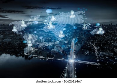 The Abstract Art Of Double Double Exposure Of Cityscape And World Map With Communication. Cencept All People Can Connect All Around The World.