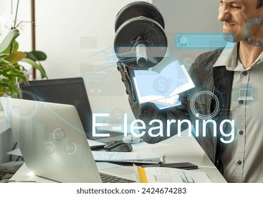 Abstract art of Hand of Business man Holding the virtual hologram future system. Innovation Business Financial and Technology concept.