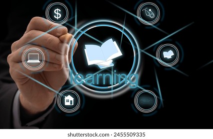 Abstract art of Hand of Business man Holding the virtual hologram future system. Innovation Business Financial and Technology concept.
