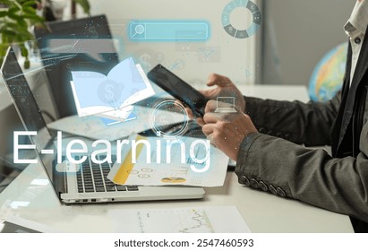 Abstract art of Hand of Business man Holding the virtual hologram future system. Innovation Business Financial and Technology concept.