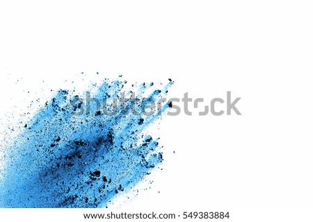 Abstract art powder blue on white background. Movement abstract frozen dust explosion blue on white background. Stop the movement of blue powder on white background.