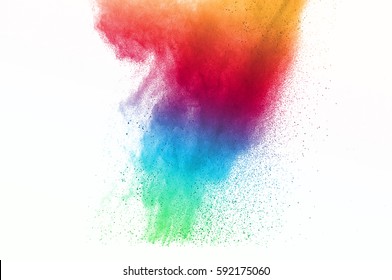 Abstract Art Powder Paint On White Background. Movement Abstract Frozen Dust Explosion Multicolored On White Background. Stop The Movement Of Colored Powder On White Background.