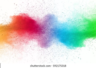 Abstract art powder paint on white background. Movement abstract frozen dust explosion multicolored on white background. Stop the movement of colored powder on white background. - Shutterstock ID 592175318
