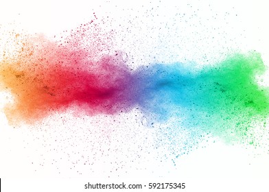 Abstract Art Powder Paint On White Background. Movement Abstract Frozen Dust Explosion Multicolored On White Background. Stop The Movement Of Colored Powder On White Background.