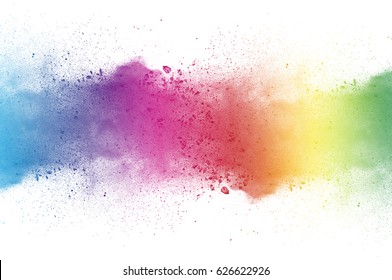 Abstract art powder paint on white background. Movement abstract frozen dust explosion multicolored on white background. Stop the movement of colored powder on white background. - Shutterstock ID 626622926