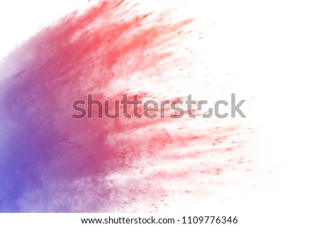  Abstract art powder paint on white background. Movement abstract frozen dust explosion multicolored on white background. Stop the movement of colored powder on white background.
