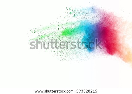 Abstract art powder paint on white background. Movement abstract frozen dust explosion multicolored on white background. Stop the movement of colored powder on white background.