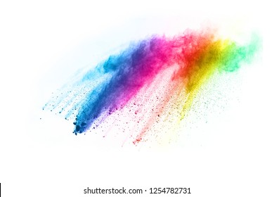 Abstract Art Powder Painted On White Background. Movement Abstract Frozen Dust Explosion Multicolored On White Background. Stop The Movement Of Colored Powder On White Background.