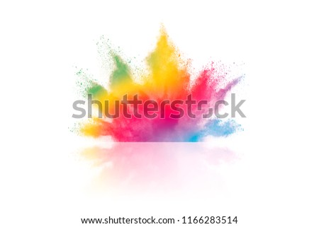 Abstract art powder painted on white background. Movement abstract frozen dust explosion multicolored on white background. Stop the movement of colored powder on white background.