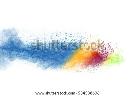 Abstract art powder painted on white background. Movement abstract frozen dust explosion multicolored on white background. Stop the movement of colored powder on white background.