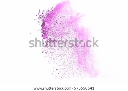 Abstract art powder pink on white background. Movement abstract frozen dust explosion pink on white background. Stop the movement of pink powder on white background.