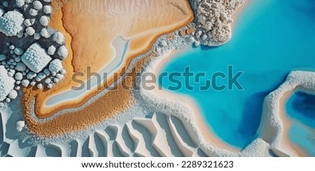 Abstract art of salt lake, white salt shores, blue water, stern shores, top view Exquisite detail, illustration