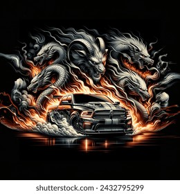 abstract art tattoo style fast cars fire smoke dodge ram dragons and demons