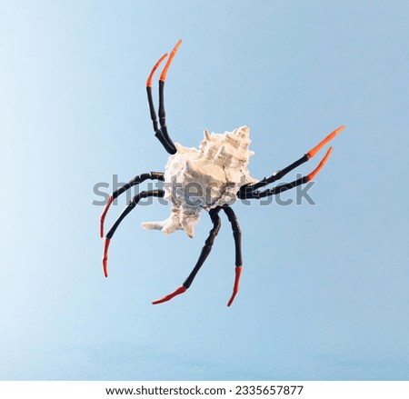 Abstract artistic concept made by a mix of a seashell with spider legs. Spooky weird creature on light blue background.