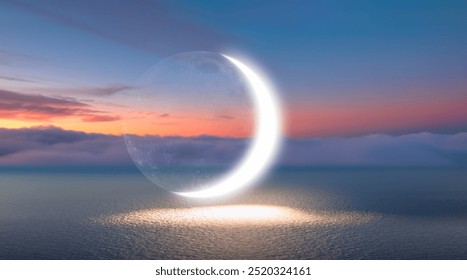 Abstract background of amazing crescent moon over the sea at sunset