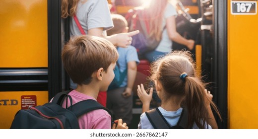 Abstract background. Back to school concept for Students are waiting for the yellow bus with their backpacks reflecting on friendship and the beginning of their studies